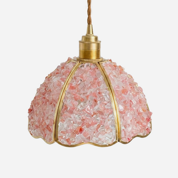 Liora Mosaic Glass Pendant Light | Pink Mosaic Glass and Brass | Product studio shot on a clean white background showing the unlit pink mosaic glass shade with brass frame | Severn Lighting