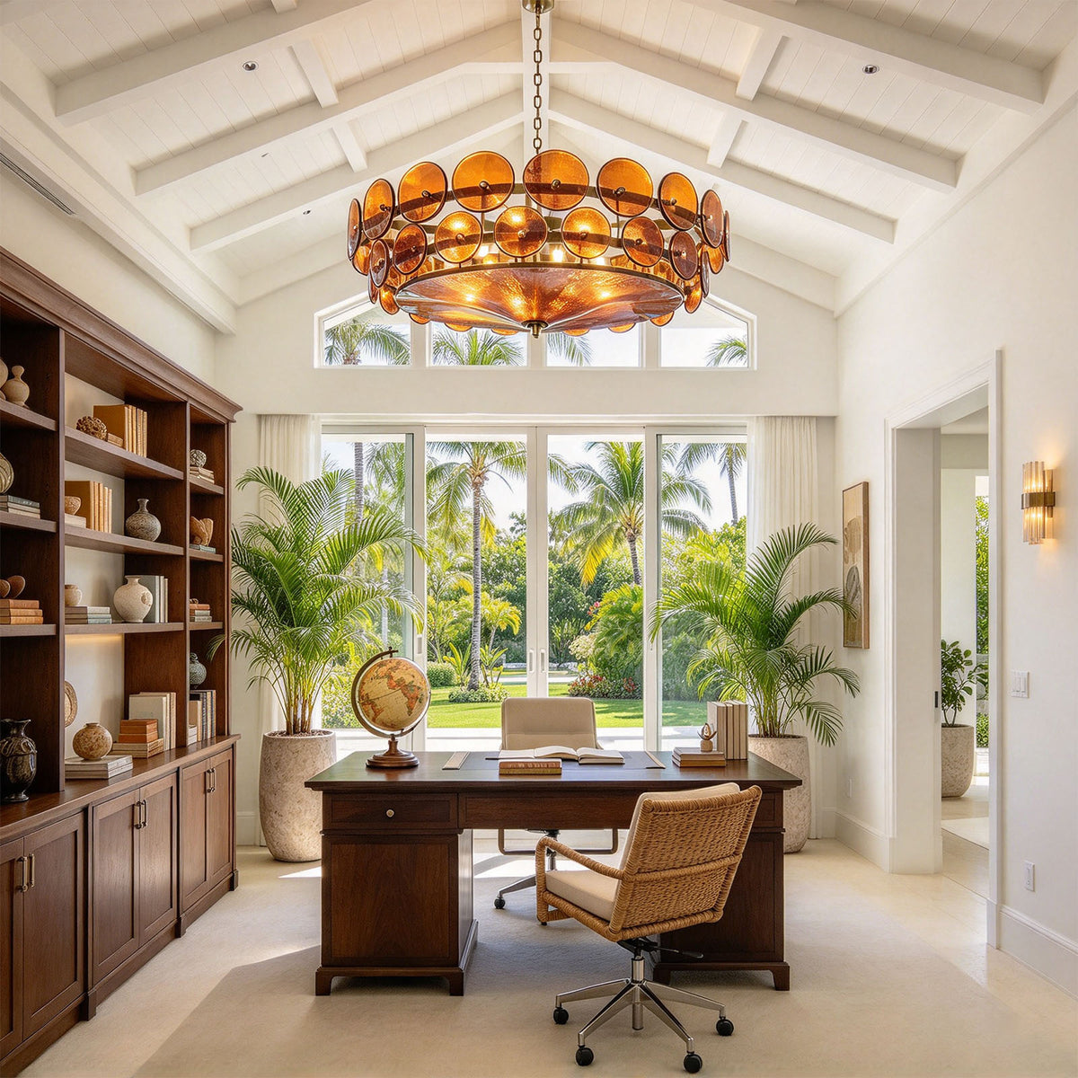 Lovenne Textured Glass Disc Ring Chandelier | Textured Glass and Brass | Styled in a high-ceiling home library office with dark wood desks and bookshelves | Severn Lighting