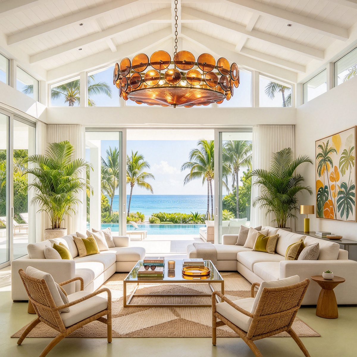 Lovenne Textured Glass Disc Ring Chandelier | Textured Glass and Brass | Centered in a luxury coastal living room with white sofas and ocean views | Severn Lighting