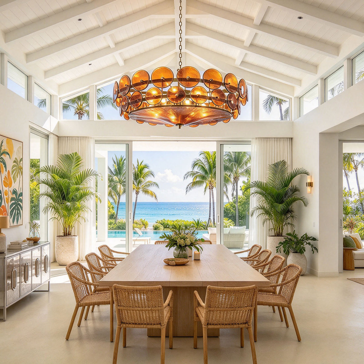 Lovenne Textured Glass Disc Ring Chandelier | Textured Glass and Brass | Amber variant illuminated above a long dining table near oceanfront glass doors | Severn Lighting