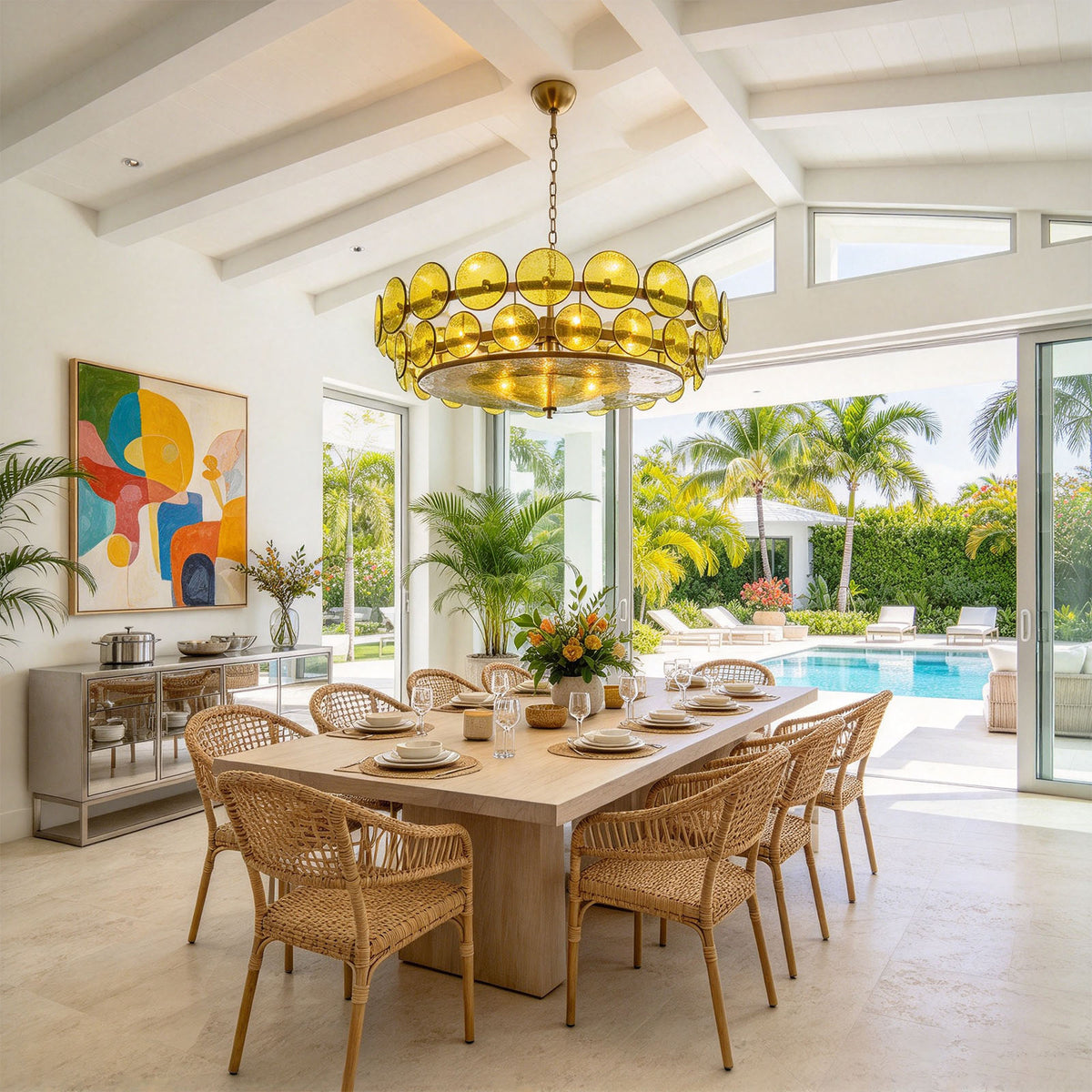 Lovenne Textured Glass Disc Ring Chandelier | Textured Glass and Brass | Suspended in a sunlit coastal dining room with vaulted ceiling and long wooden table | Severn Lighting