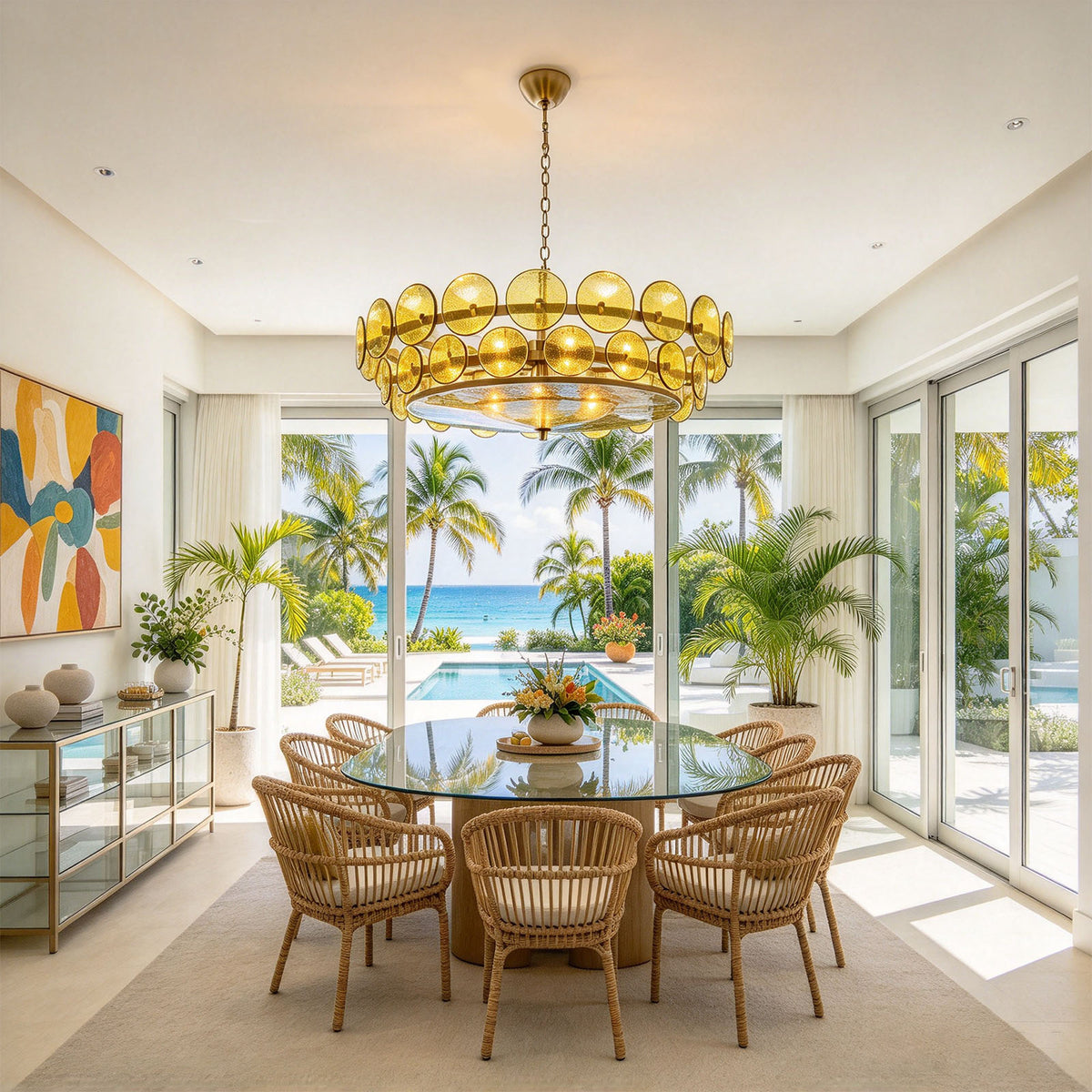 Lovenne Textured Glass Disc Ring Chandelier | Textured Glass and Brass | Green variant hanging over a round glass-top dining table near large windows | Severn Lighting
