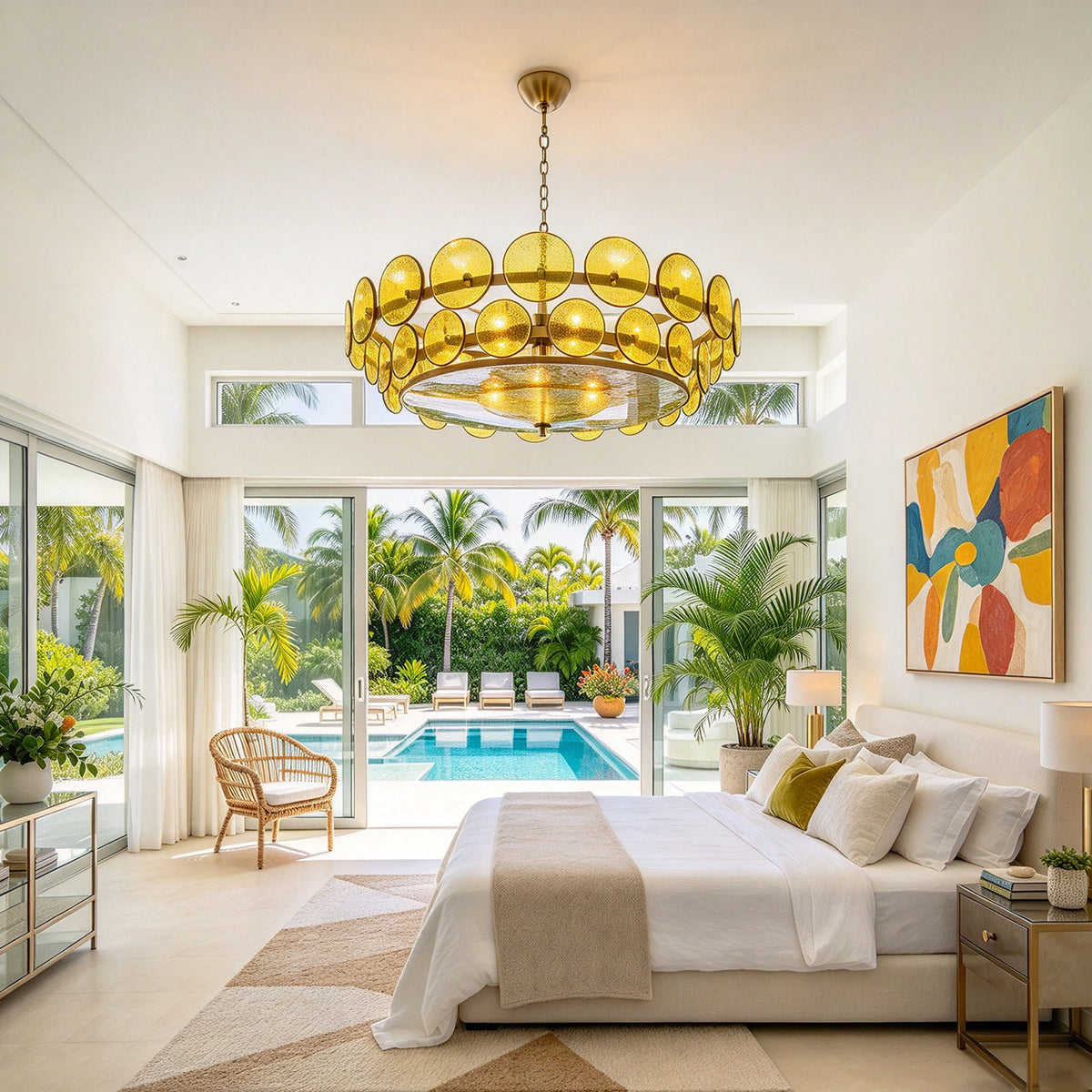 Lovenne Textured Glass Disc Ring Chandelier | Textured Glass and Brass | Lighting a luxury master bedroom suite featuring sliding doors to a pool terrace | Severn Lighting