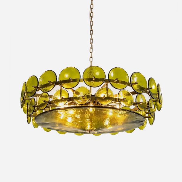 Lovenne Textured Glass Disc Ring Chandelier | Textured Glass and Brass | Front full view of green variant on a pure white background, illuminated | Severn Lighting