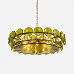 Lovenne Textured Glass Disc Ring Chandelier | Textured Glass and Brass | Front full view of green variant on a pure white background, illuminated | Severn Lighting