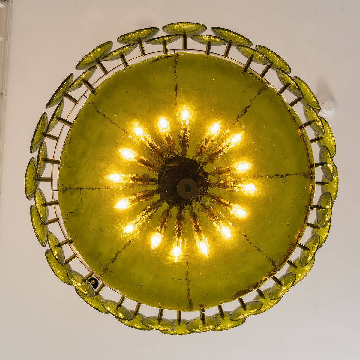 Lovenne Textured Glass Disc Ring Chandelier | Textured Glass and Brass | Direct bottom-up perspective showing the circular disc layout and central bulbs | Severn Lighting