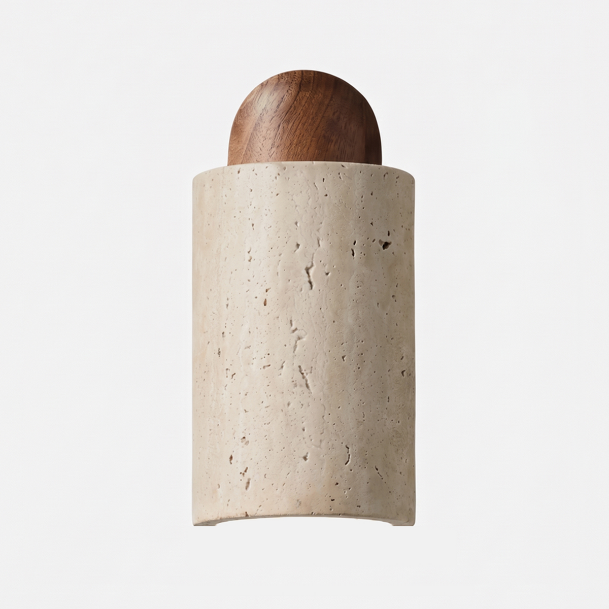 Lyra Travertine Shield Wall Lamp | Travertine, Wood, Metal | Minimalist shield-shaped beige porous travertine stone wall sconce capped with a smooth walnut wood dome | Isolated product shot on white background | Severn Lighting