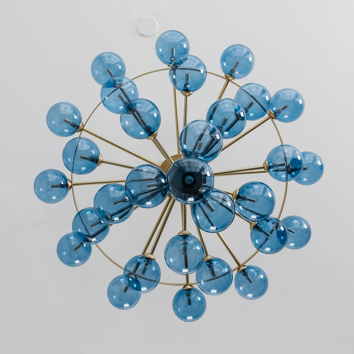 Marisol Aquamarine Glass Bubble Chandelier | Aquamarine Glass and Brass | Directly bottom-up perspective displaying symmetrical glass bubble arrangement | Severn Lighting