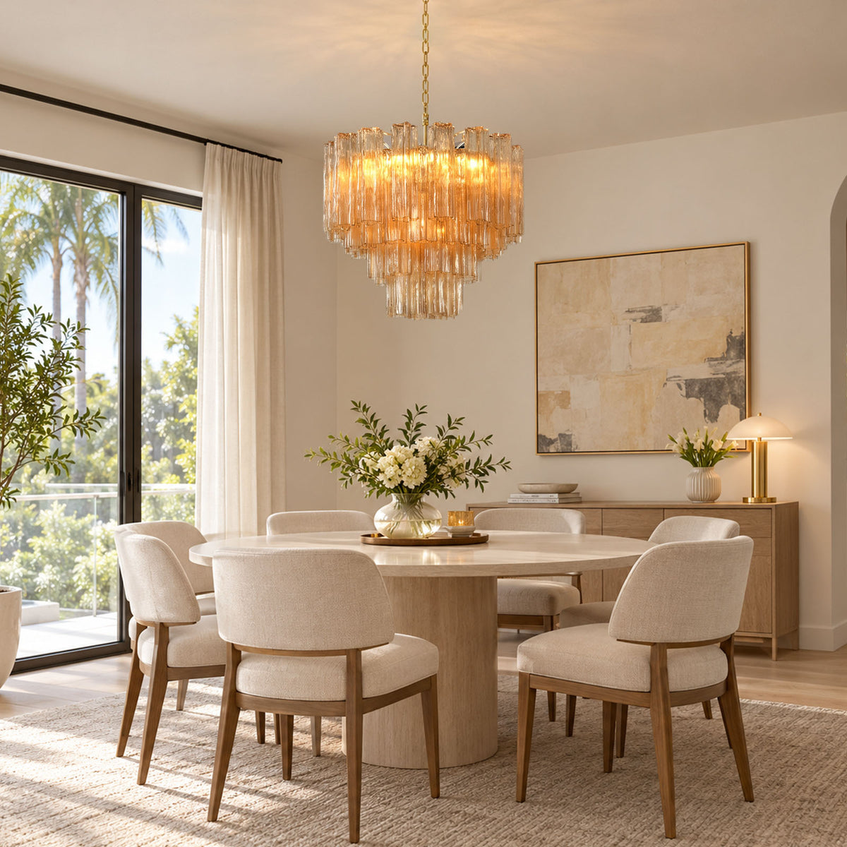 Merlande Amber Glass Tube Tiered Chandelier | Fluted Amber Glass and Brass | Positioned over a round marble dining table with cream chairs and art decor | Severn Lighting