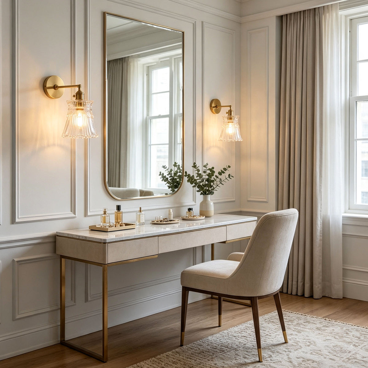 Merrick Fluted Glass Bell Wall Lamp | Fluted Glass and Brass | Mounted beside a rectangular mirror over a dressing vanity desk | Severn Lighting