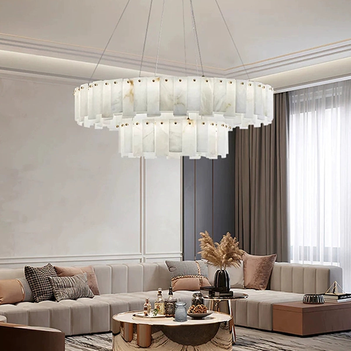 Modern Alabaster Two-Tier Chandelier