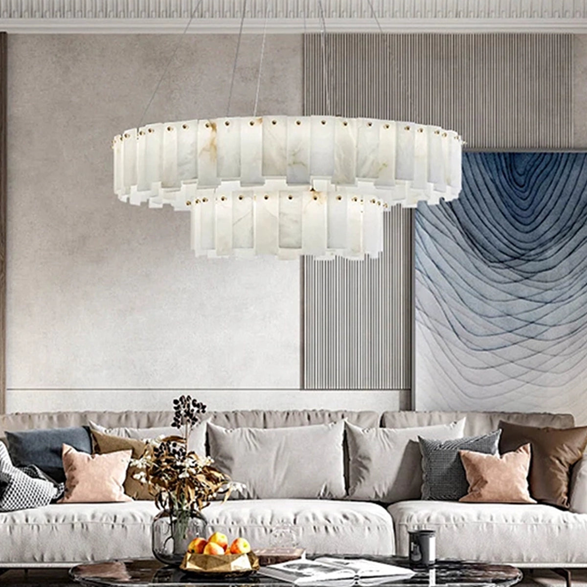 Modern Alabaster Two-Tier Chandelier