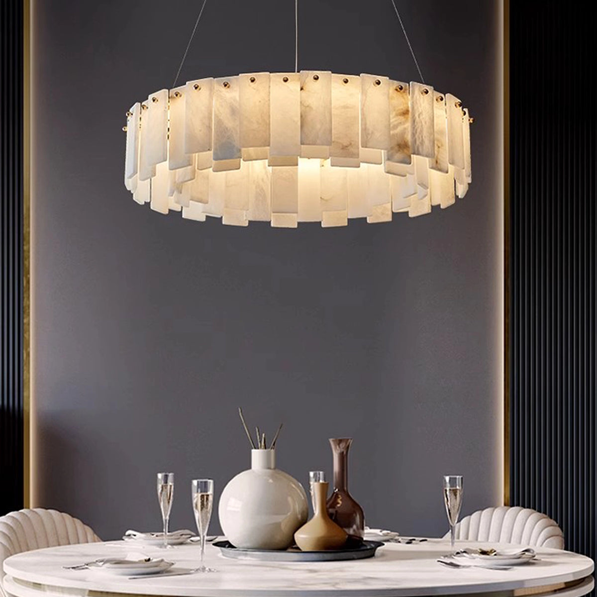 Modern Alabaster Two-Tier Chandelier