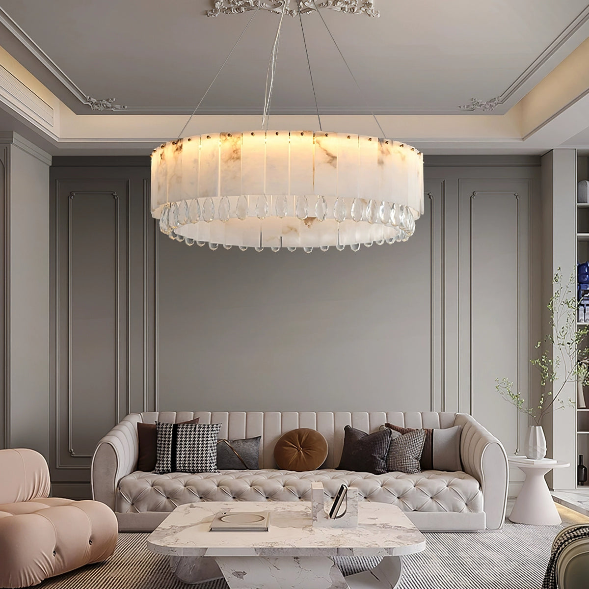Modern Alabaster & Crystal Chandelier