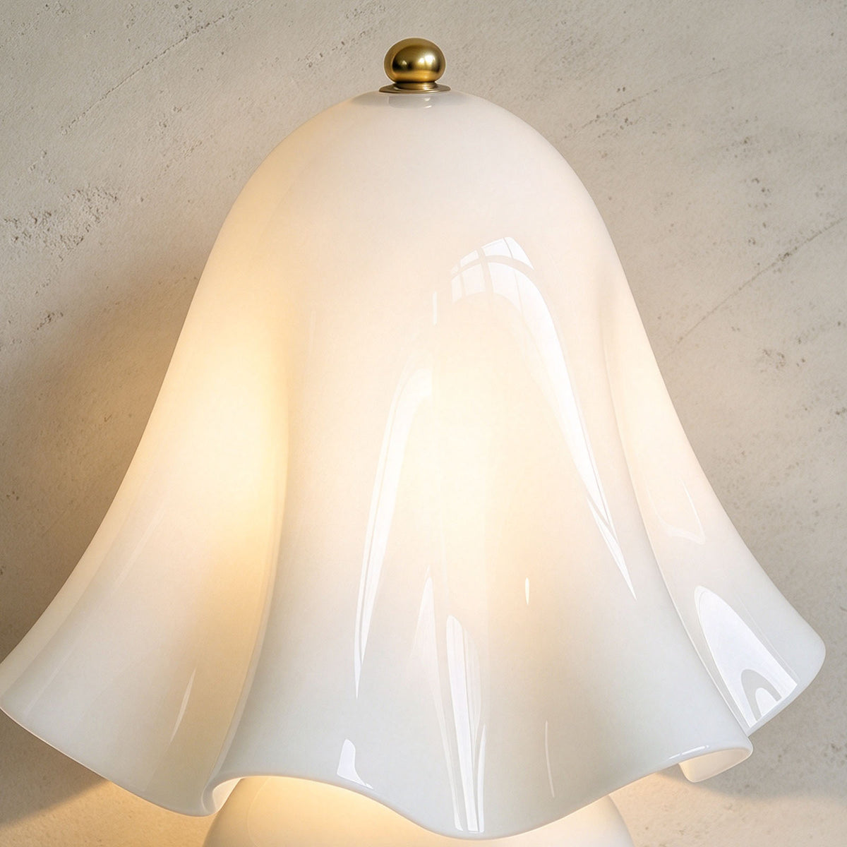 Mouchelle Mushroom Lamp | White Opal Glass | Illuminated close-up of fluted ruffled lampshade top | Severn Lighting
