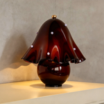 Mouchelle Mushroom Lamp | Burgundy Wine Glass | Illuminated wine red lamp casting warm shelf glow | Severn Lighting