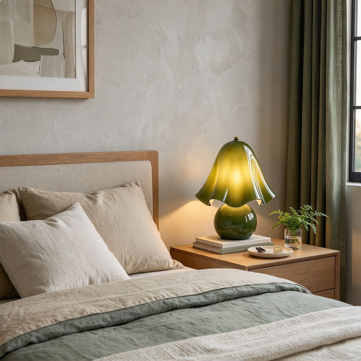 Mouchelle Mushroom Lamp | Art Glass and Brass | Bedside nightstand lighting in a cozy rustic bedroom | Severn Lighting
