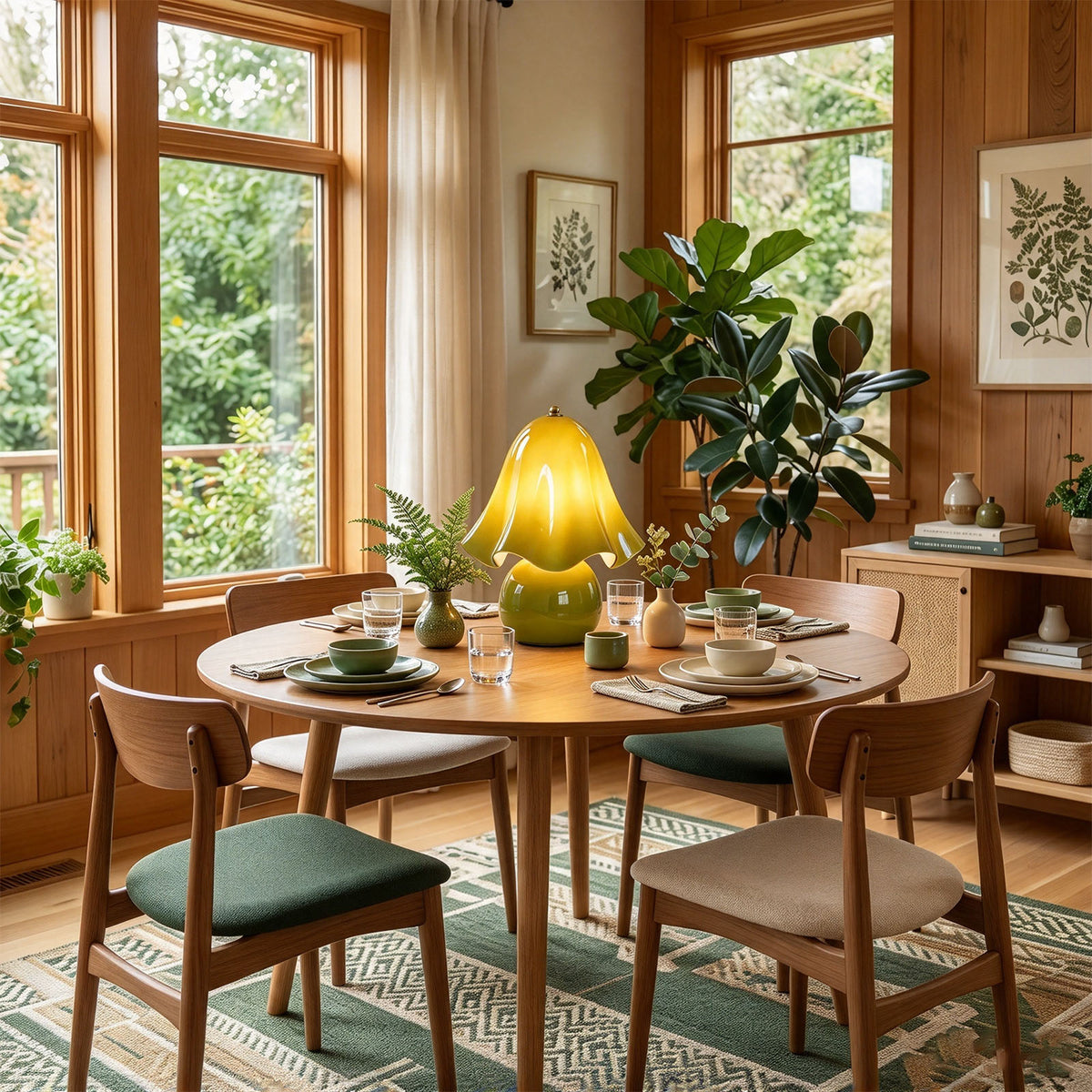 Mouchelle Mushroom Lamp | Blown Glass and Brass | Lit on a round dining table in a sunlit wooden room | Severn Lighting