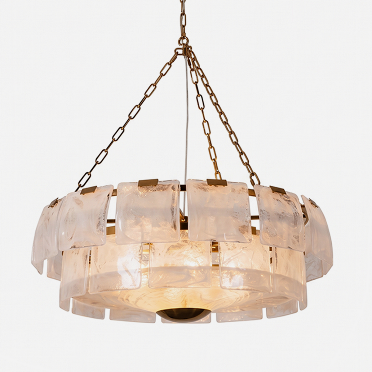 Nyle Tiered Glass Ring Chandelier | Textured Glass and Brass | Front full view on a pure white background, illuminated | Severn Lighting