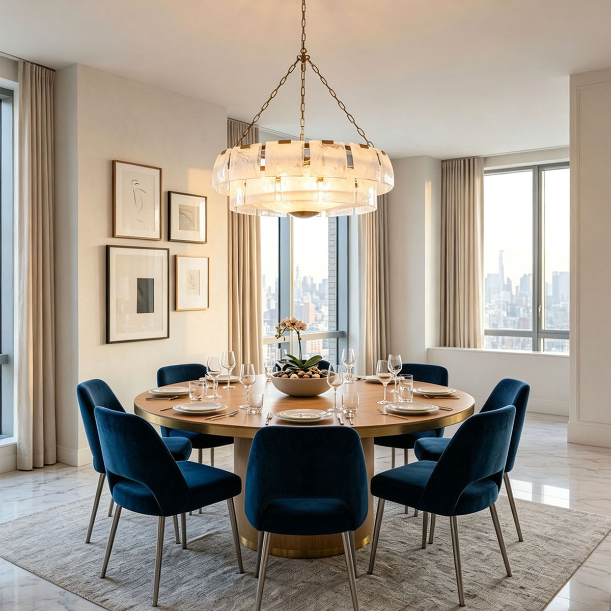 Nyle Tiered Glass Ring Chandelier | Textured Glass and Brass | Centered above a dining table with blue velvet chairs | Severn Lighting