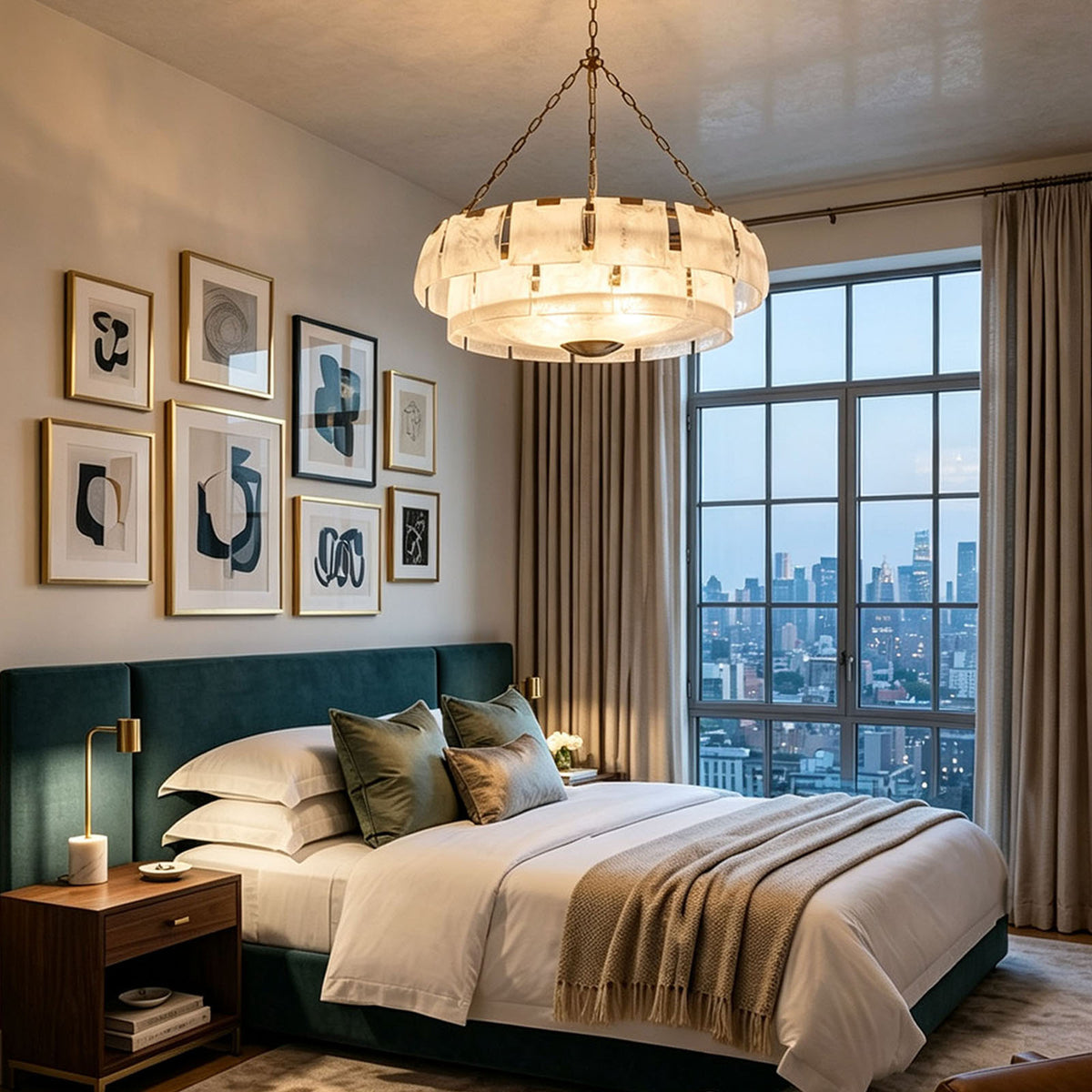 Nyle Tiered Glass Ring Chandelier | Textured Glass and Brass | Styled in a luxury bedroom with gallery wall art above the bed | Severn Lighting