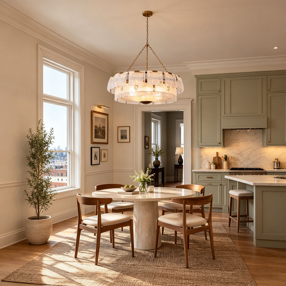 Nyle Tiered Glass Ring Chandelier | Textured Glass and Brass | Displayed over a round dining table in a bright modern kitchen area | Severn Lighting