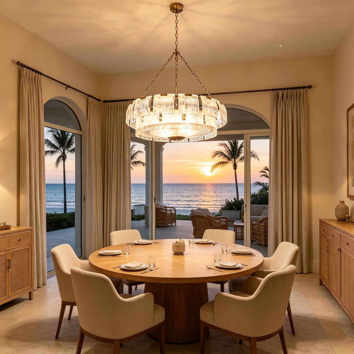 Nyle Tiered Glass Ring Chandelier | Textured Glass and Brass | Illuminating a round table dining area with ocean sunset views | Severn Lighting
