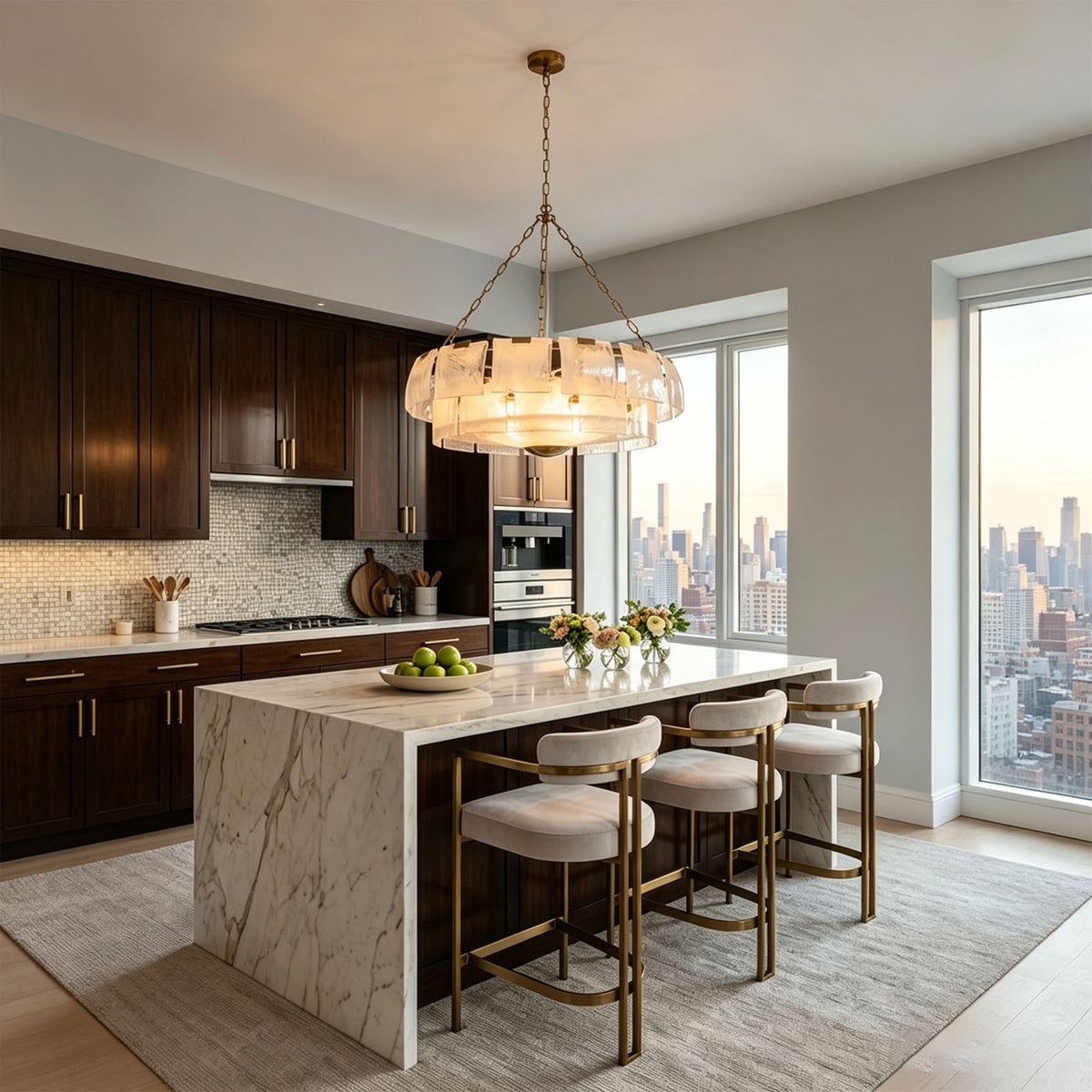 Nyle Tiered Glass Ring Chandelier | Textured Glass and Brass | Styled over a marble kitchen island counter with bar stools | Severn Lighting