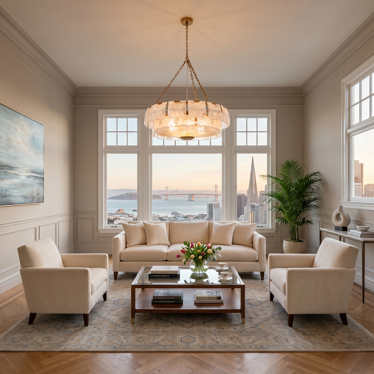 Nyle Tiered Glass Ring Chandelier | Textured Glass and Brass | Hanging in an elegant living room with large windows and beige sofas | Severn Lighting