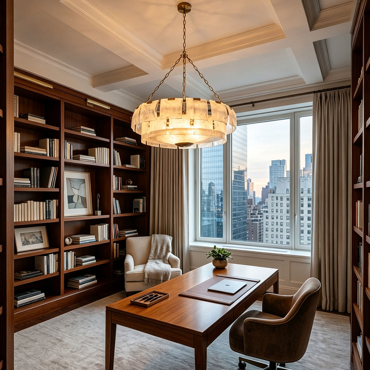 Nyle Tiered Glass Ring Chandelier | Textured Glass and Brass | Placed in a traditional home library with dark wooden bookshelves | Severn Lighting