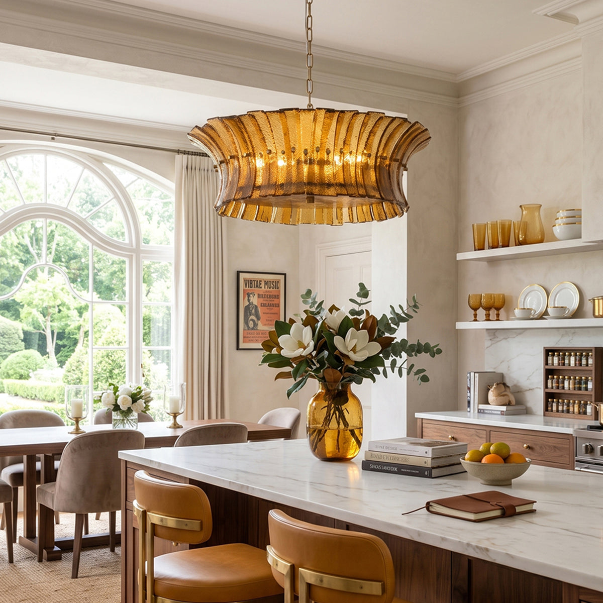 Octavia Sculptural Smoked Glass Chandelier | Textured Smoked Glass | Styled over a kitchen counter featuring a vibrant yellow floral arrangement and leather bar stools | Severn Lighting