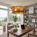 Octavia Sculptural Smoked Glass Chandelier | Textured Smoked Glass | Illuminating a luxurious home office with a large wooden executive desk and built-in bookshelves | Severn Lighting