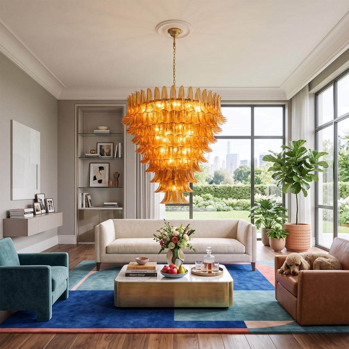 Odile Amber Petal Tier Chandelier | Amber Glass and Metal | Centered in a bright living room with white sofa and colorful rug | Severn Lighting