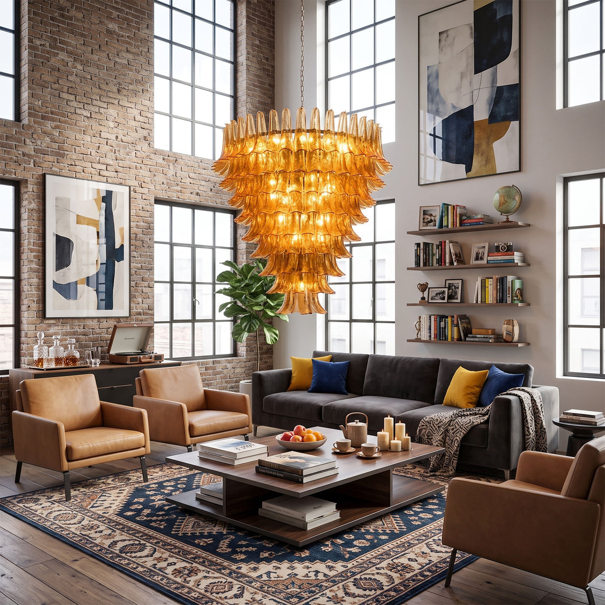 Odile Amber Petal Tier Chandelier | Amber Glass and Metal | Hanging in an industrial loft living room with brick walls and leather armchairs | Severn Lighting