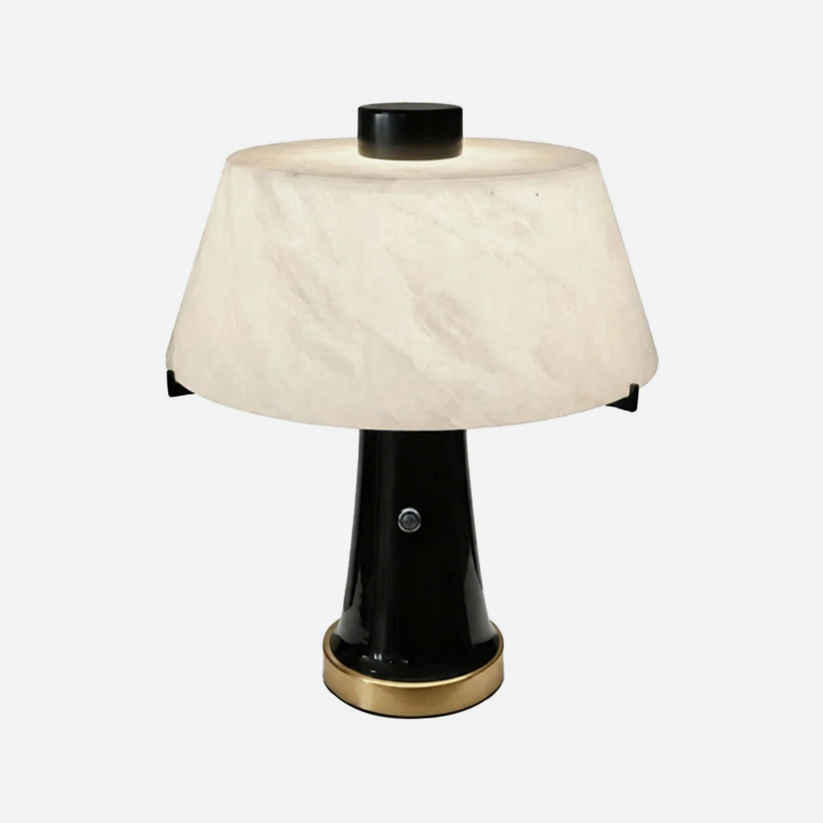 Orsino Alabaster Trapezoid Table Lamp | Natural Alabaster, Black Metal and Brass | Front full view on a pure white background, illuminated | Severn Lighting
