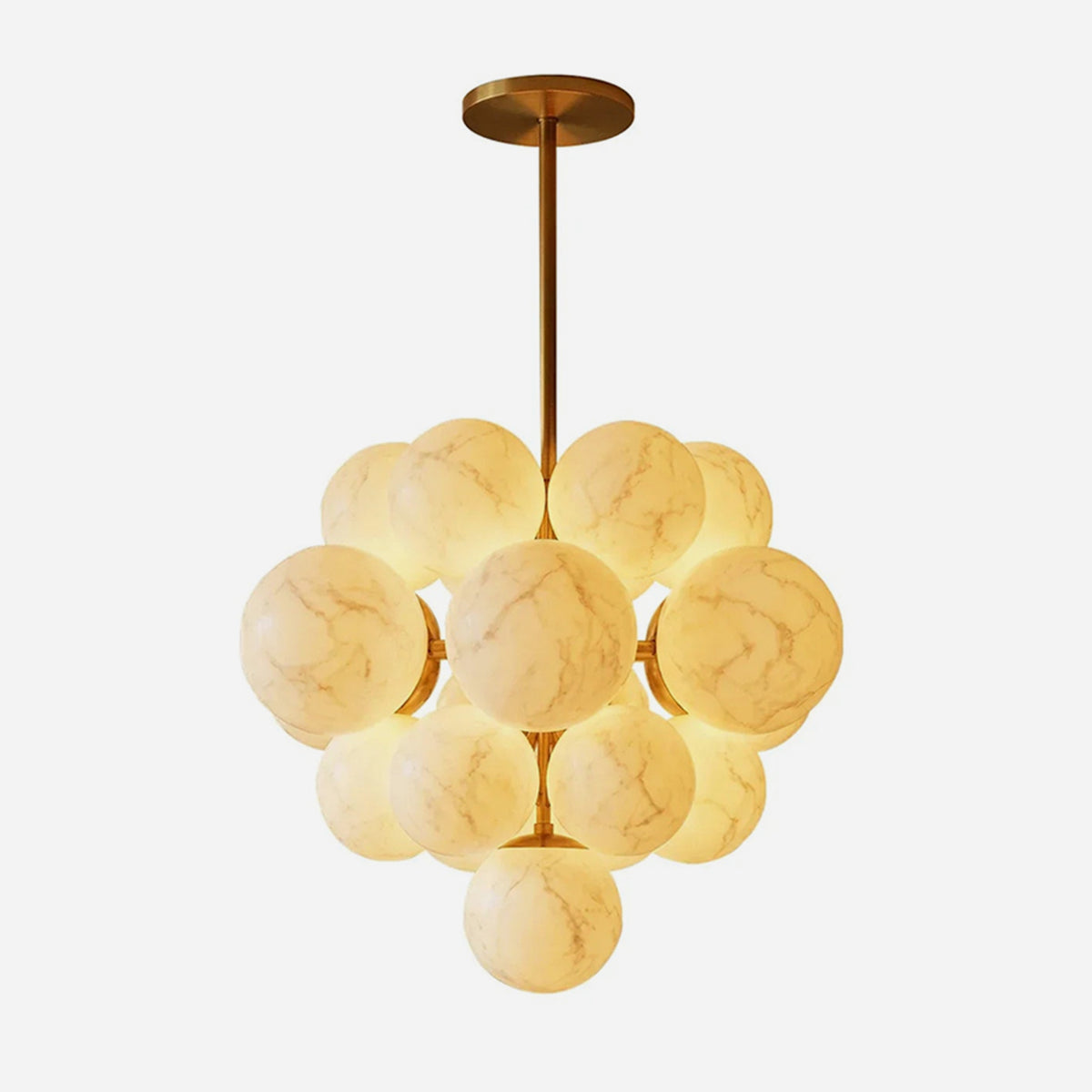 Ottoline Alabaster Cluster Chandelier | Natural Alabaster and Brass | Full product front shot on a white background showing a cluster of glowing spherical stone globes | Severn Lighting