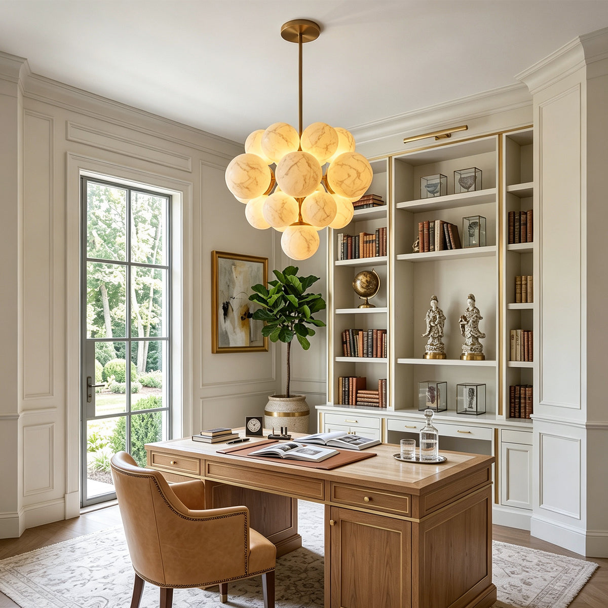 Ottoline Alabaster Cluster Chandelier | Natural Alabaster and Brass | Styled in a sophisticated home library workspace above a wooden executive desk and chair | Severn Lighting