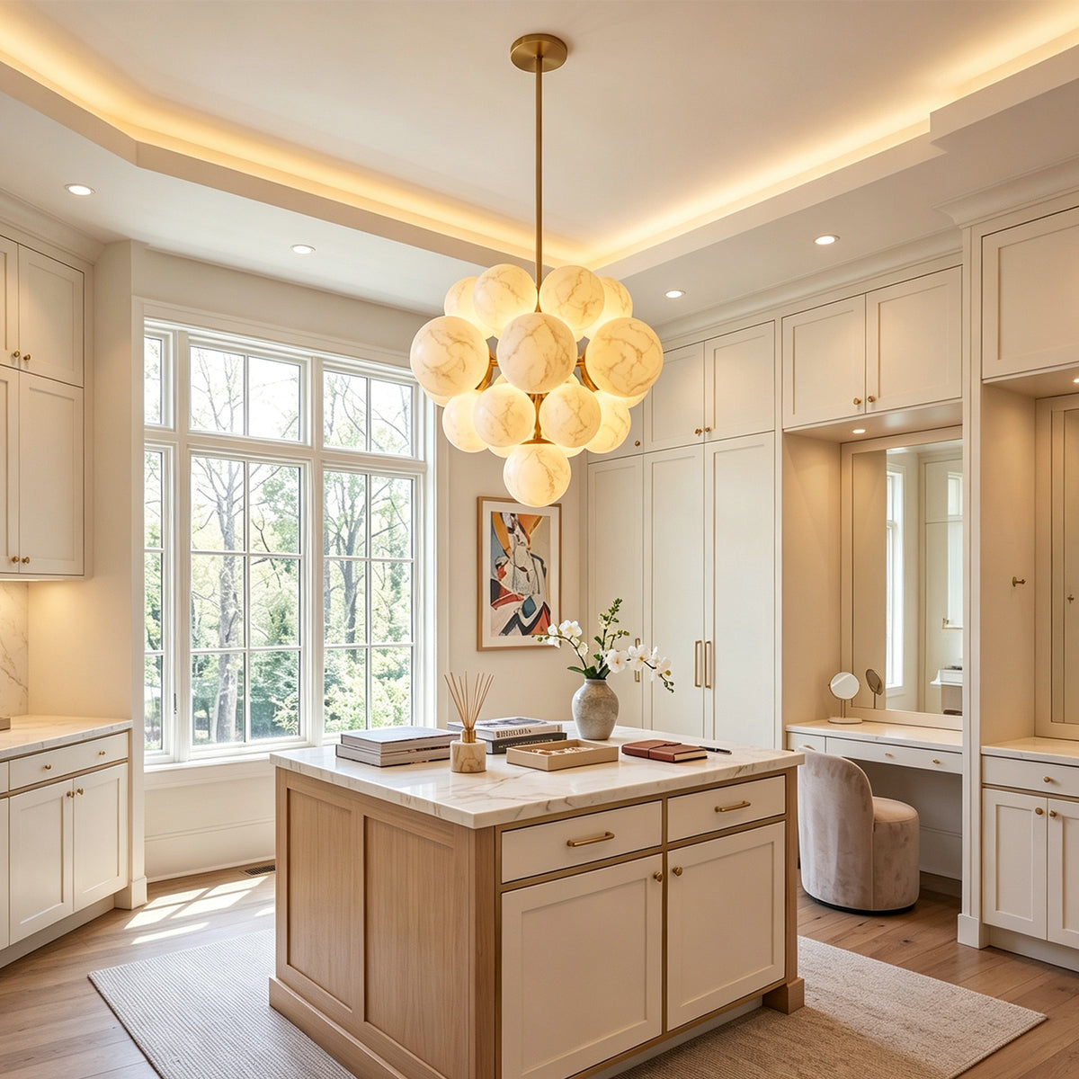 Ottoline Alabaster Cluster Chandelier | Natural Alabaster and Brass | Positioned in a modern luxury walk-in dressing room above a central island drawer counter | Severn Lighting