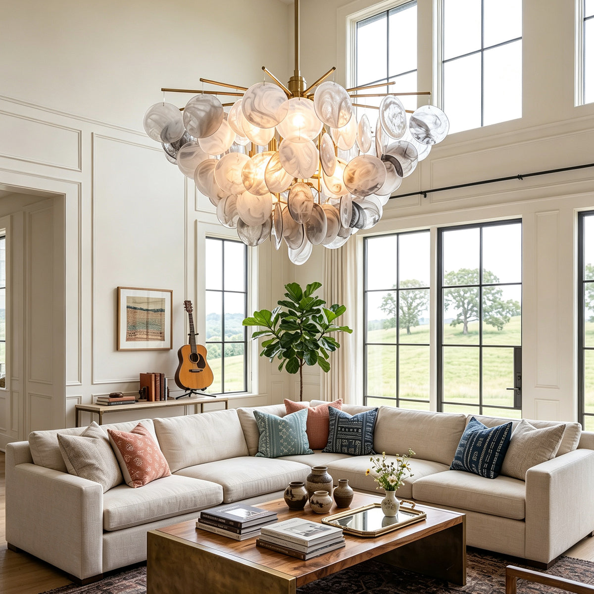 Perrin Smoked Glass Cloud Chandelier | Smoked Glass and Brass | Enhancing a spacious living room with a white sectional sofa | Severn Lighting