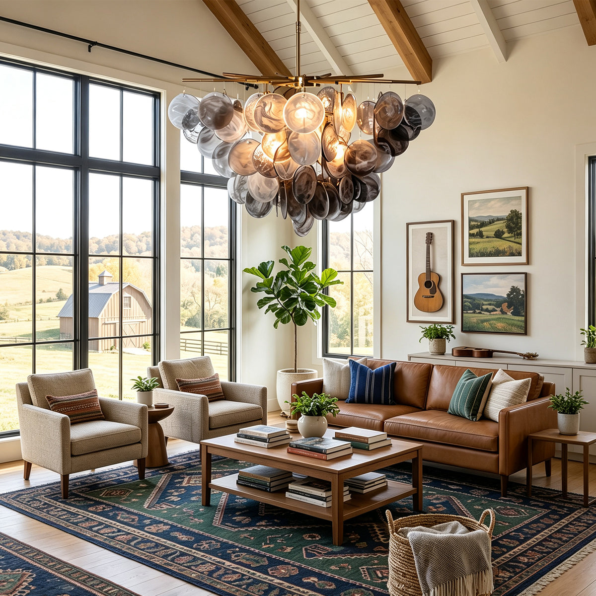 Perrin Smoked Glass Cloud Chandelier | Smoked Glass and Brass | Displayed in a living room over a brown leather sofa | Severn Lighting