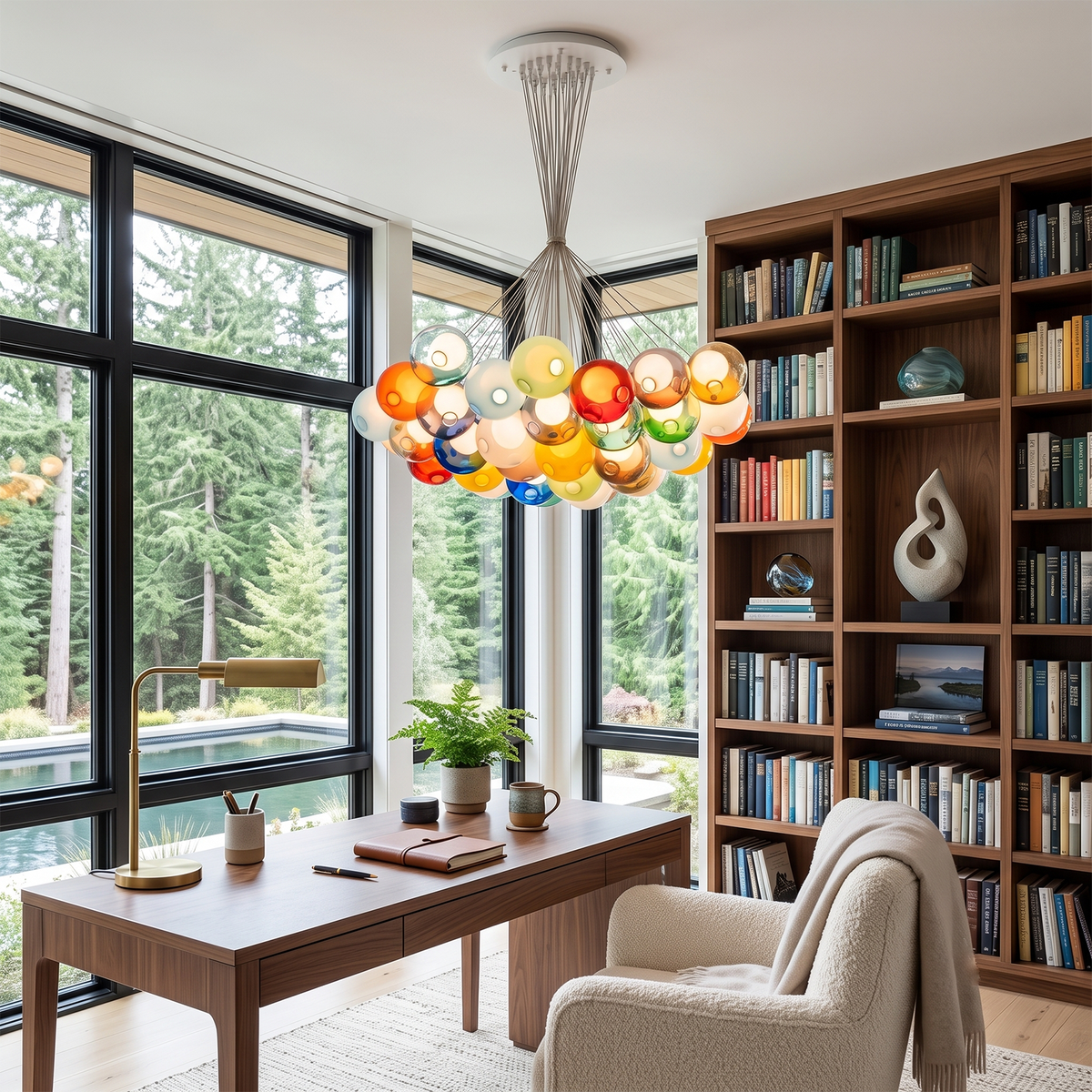 Rainbow Glass Bubble Cluster Chandelier | Multi-colored Blown Glass and Metal Cords | Illuminating a contemporary home office with a dark wood desk and a large floor-to-ceiling bookshelf | Severn Lighting