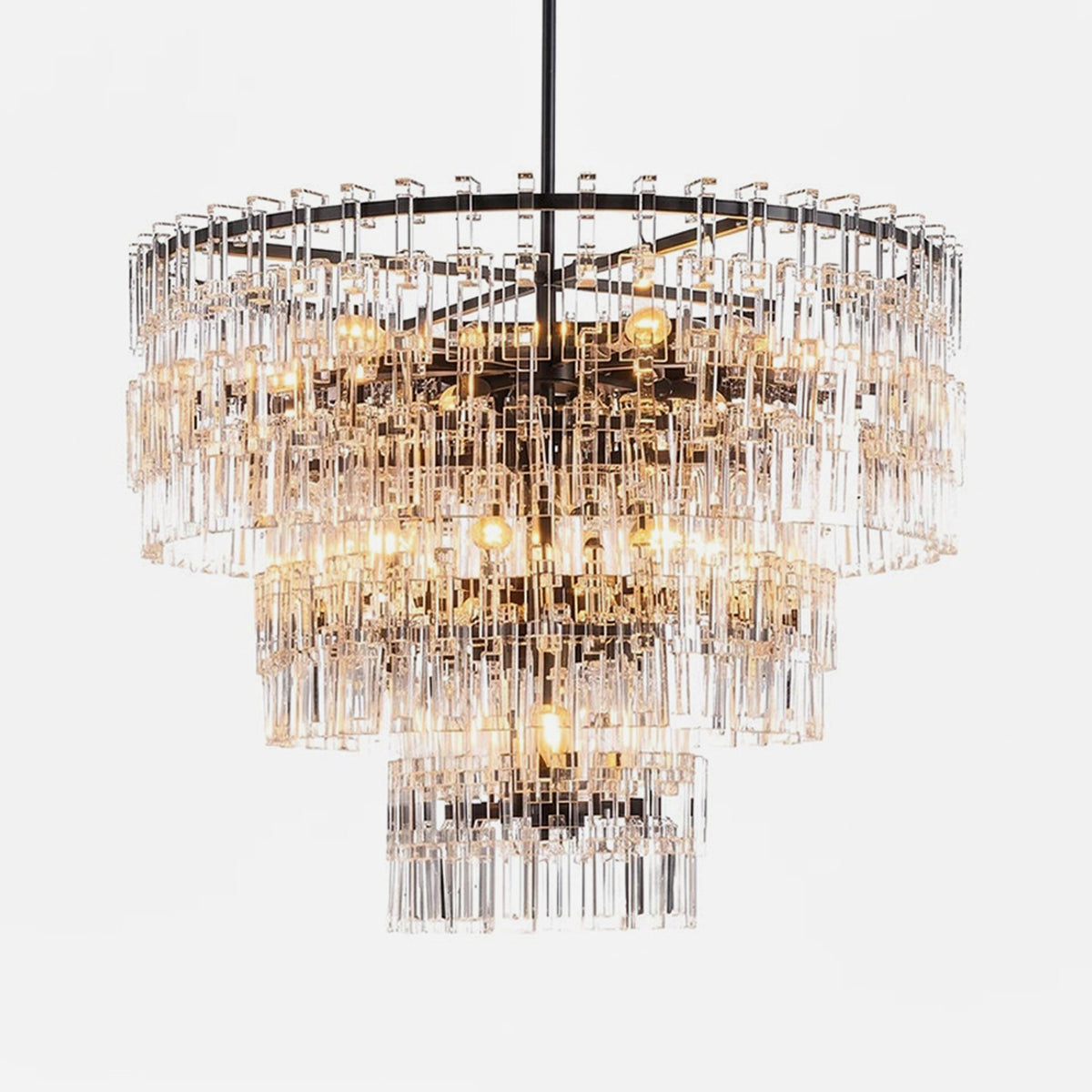 Rainer Cascading Glass Rod Chandelier | Clear Glass and Black Metal | Front full view on a pure white background, illuminated | Severn Lighting