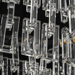 Rainer Cascading Glass Rod Chandelier | Clear Glass and Black Metal | Macro detail view of cascading rectangular clear glass rod links | Severn Lighting