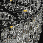 Rainer Cascading Glass Rod Chandelier | Clear Glass and Black Metal | Close-up shot showing black metal frame and internal light sockets | Severn Lighting