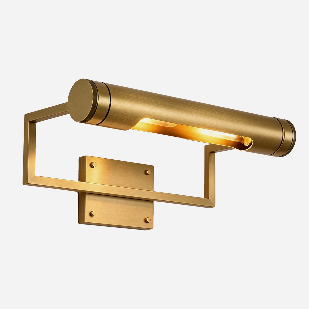 Redmond Brass Picture Wall Lamp | Brass and Metal | Front full view on a pure white background, illuminated | Severn Lighting