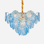 Rosalind Petal Glass Chandelier | Textured Spiral Blue Glass and Gold Metal | Full front view of the multi-tiered blue fixture isolated on a clean white background | Severn Lighting