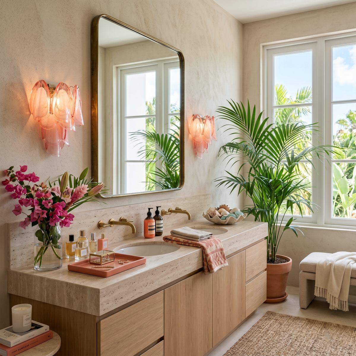 Rosalind Rose Glass Wall Sconce | Glass, Metal | A pair of fully illuminated pink petal wall sconces flanking a large rectangular mirror in a luxury wooden bathroom vanity space | Severn Lighting