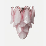 Rosalind Rose Glass Wall Sconce | Glass, Metal | Isolated unlit view of a luxury modern wall sconce featuring a cascading cluster of frosted pink glass petals arranged on a silver chrome frame | White background | Severn Lighting