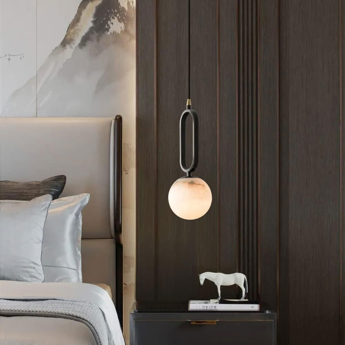 Round Marble Ball Copper Black Modern Pendant Lamp