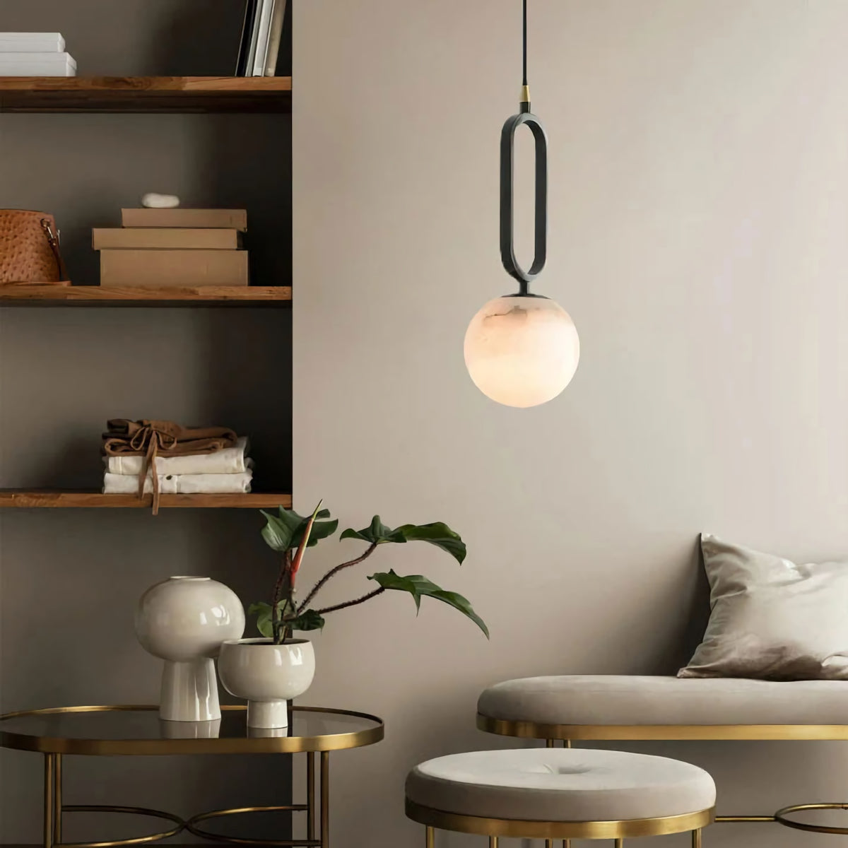 Round Marble Ball Copper Black Modern Pendant Lamp